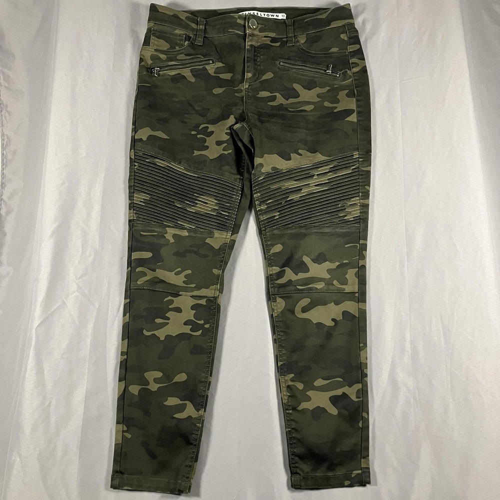 Tinseltown Skinny Jeans Juniors 13 Green Camo Moto Zipper Stretch Denim Pants